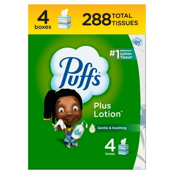 Puffs Plus Lotion Facial Tissue, 4 Mega Cube Boxes, 72 Tissues Per Box