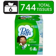 Puffs Plus Lotion Facial Tissue, 6 Family Size Boxes, 124 Tissues per Box