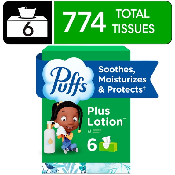 Puffs Plus Lotion Facial Tissue, 6 Family Boxes, 124 Tissues Per Box