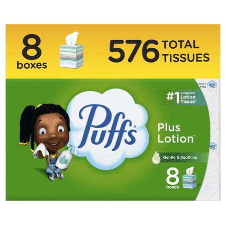 Puffs Plus Lotion Facial Tissue, 8 Cube Boxes, 72 Tissues Per Box
