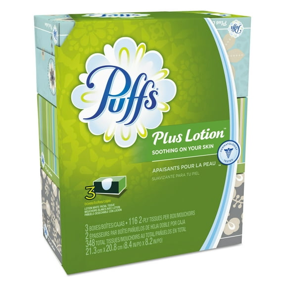 Puffs Plus Lotion Facial Tissue, White, 2-Ply, 116 Sheets Per Box, 3 Pack