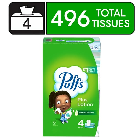 Puffs Plus Lotion Facial Tissues, 4 Family Boxes, 124 tissues per box