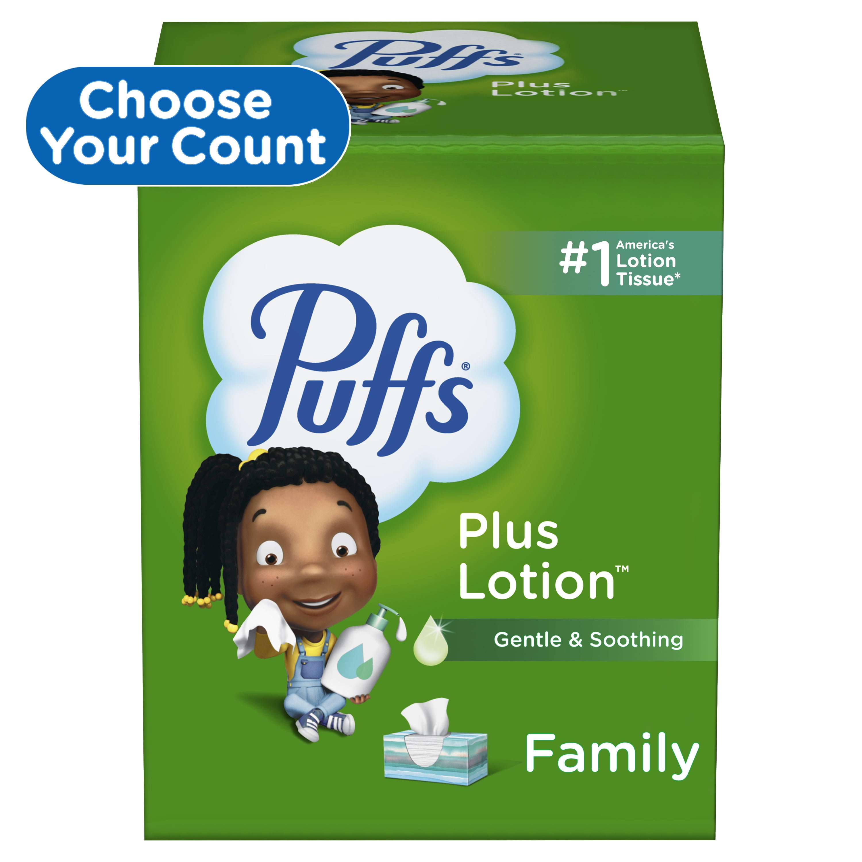 Puffs Plus Lotion Facial Tissues, 4 Family Box, 124 White Tissues per Box