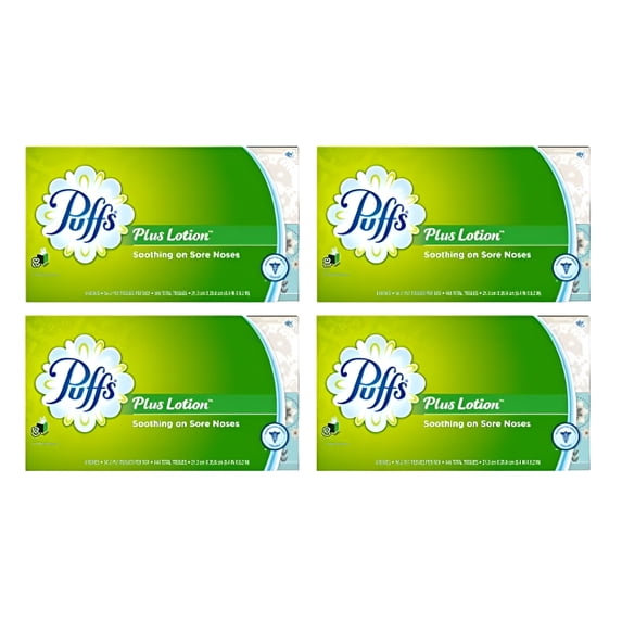 Puffs Plus Lotion Facial Tissues, 4 Family Boxes, 124 Tissuesper Box
