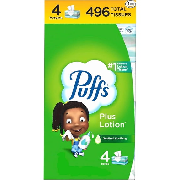 Puffs Plus Lotion Facial Tissues, 4 Family Boxes, 124 tissues per Box, Allergies and Colds (New Pack)
