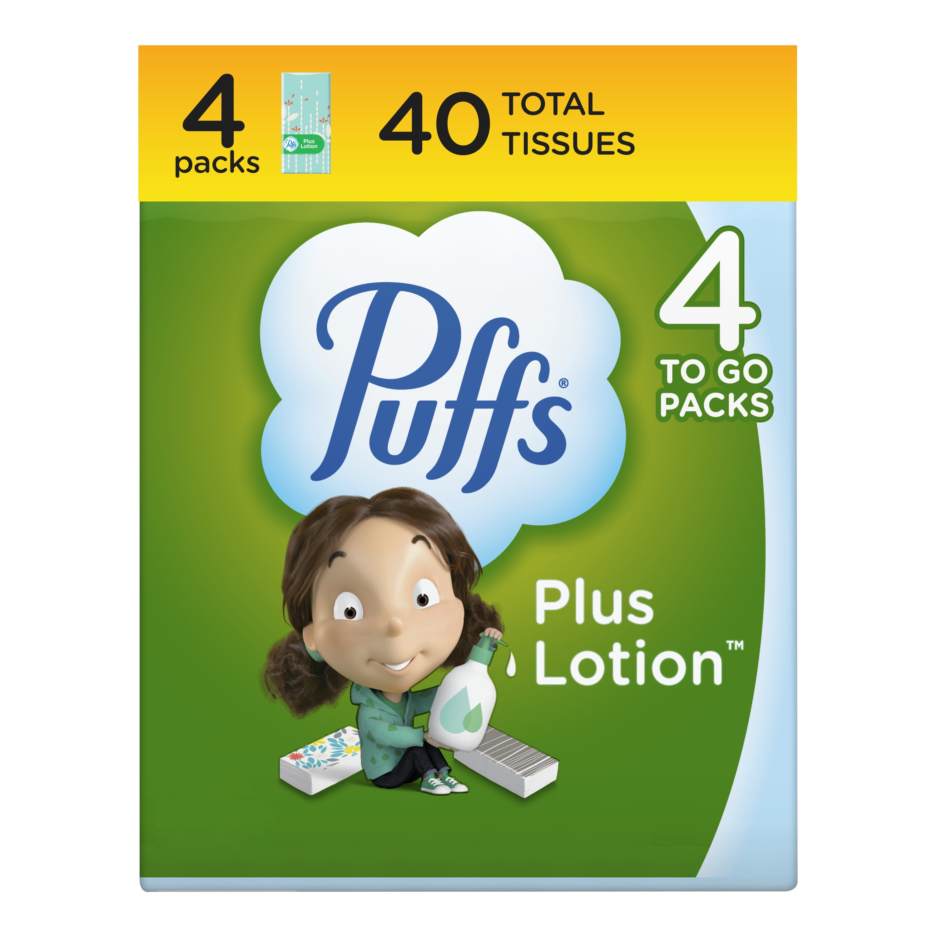 Puffs Facial Tissue, Plus Lotion, White, 2-Ply, 4 Purse Packs - 4 - 16 tissue packs [40 tissues]