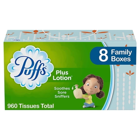 Puffs Plus Lotion Facial Tissues, 8 Family Boxes, 120 Tissues Per Box, 960 Tissues Total