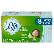 Puffs Plus Lotion Facial Tissues, 8 Family Boxes, 120 Tissues Per Box, 960 Tissues Total