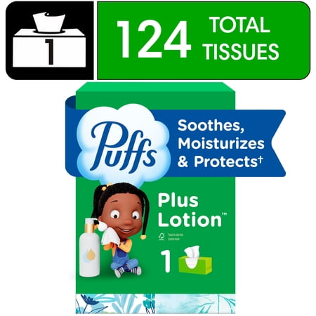 Puffs Facial Tissue Plus Lotion, 1 Rectangle Box, 124 Tissues Per Box