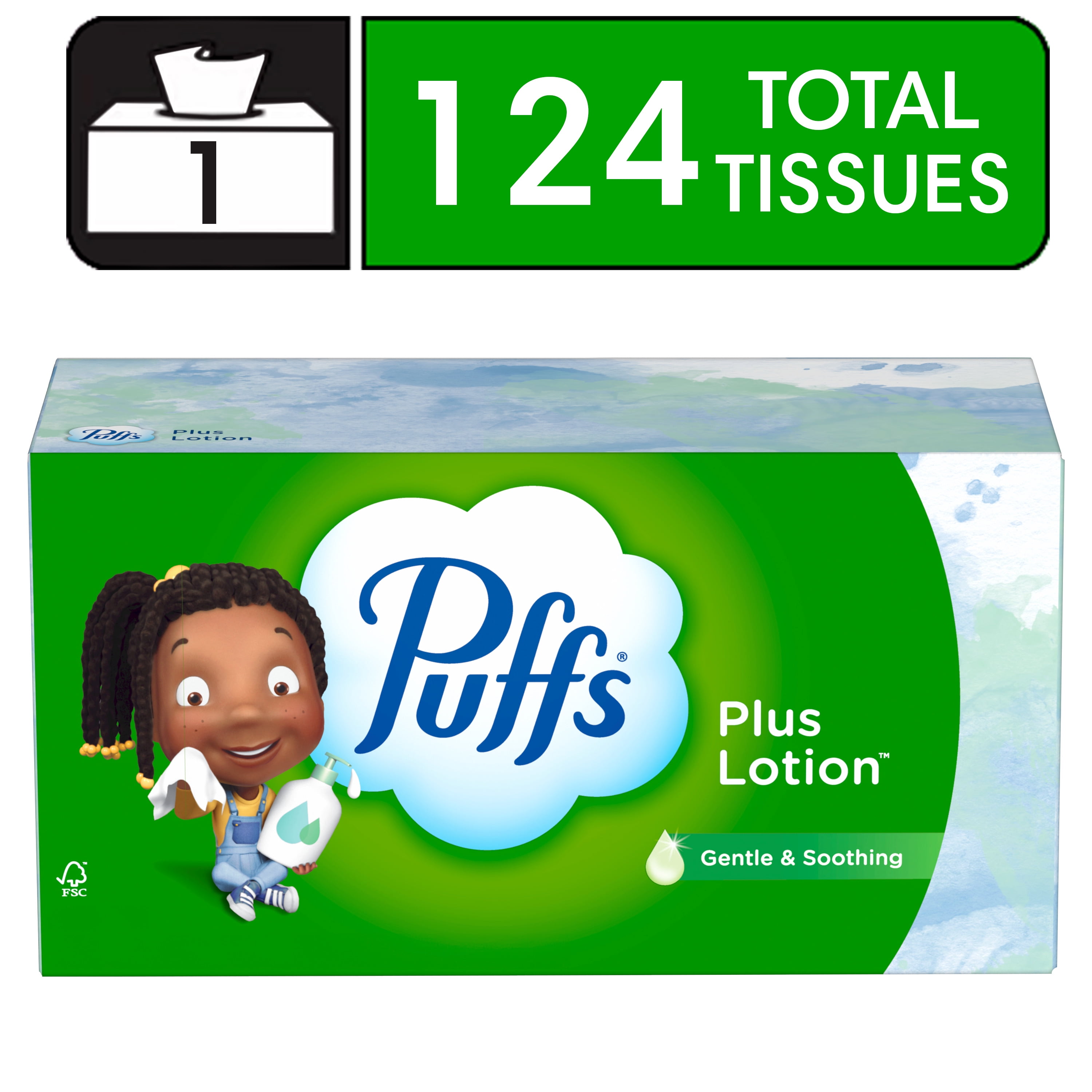 Puffs Plus Lotion Facial Tissue, 1 Family Box, 124 Tissues Per Box
