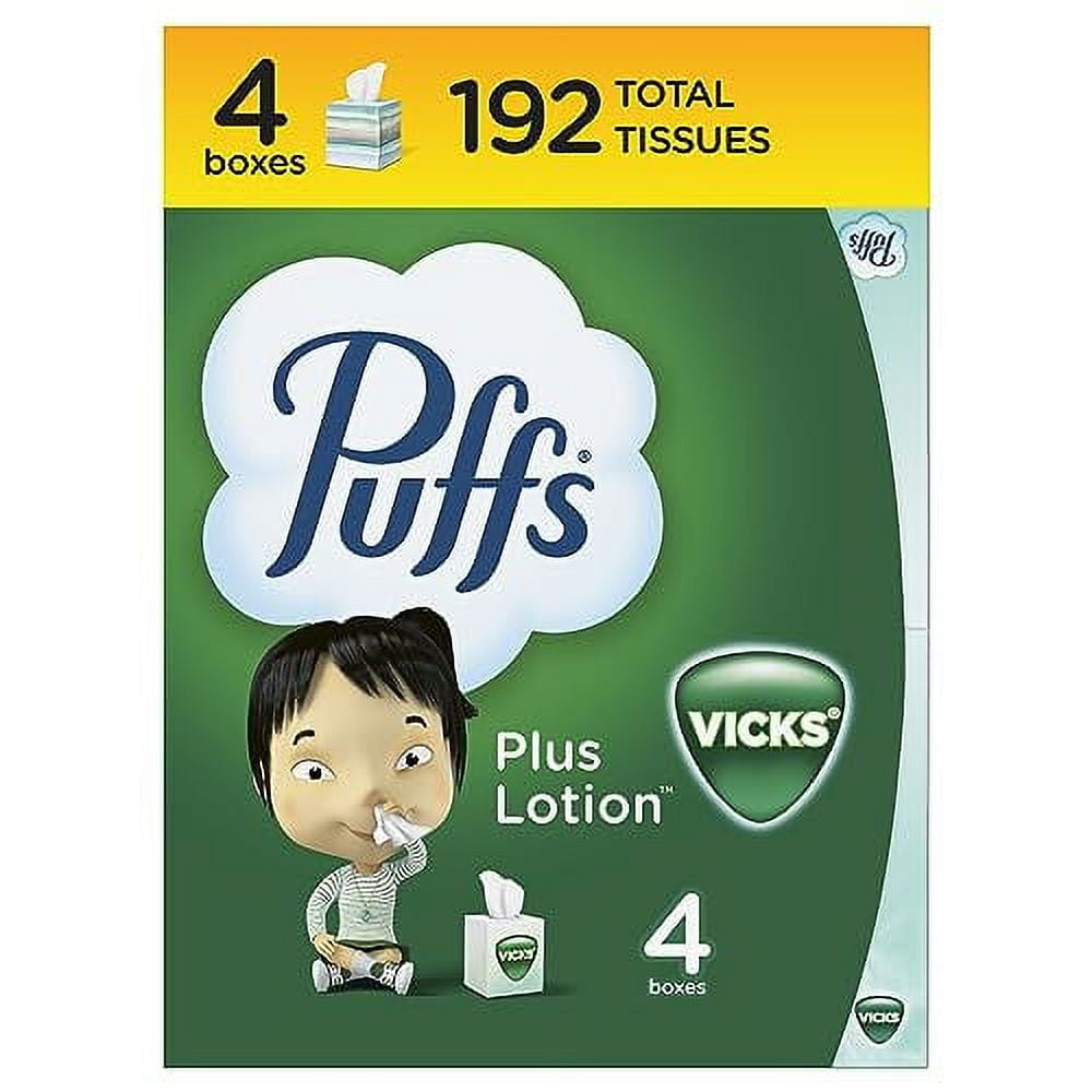Puffs Plus Lotion with Vicks Vaporub Facial Tissues, 4 Cubes, 48 Tissues per Box