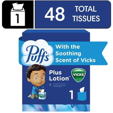 Puffs Facial Tissues Plus Lotion with the Scent of Vicks, 1 Cube Box, 48 Tissues Per Box