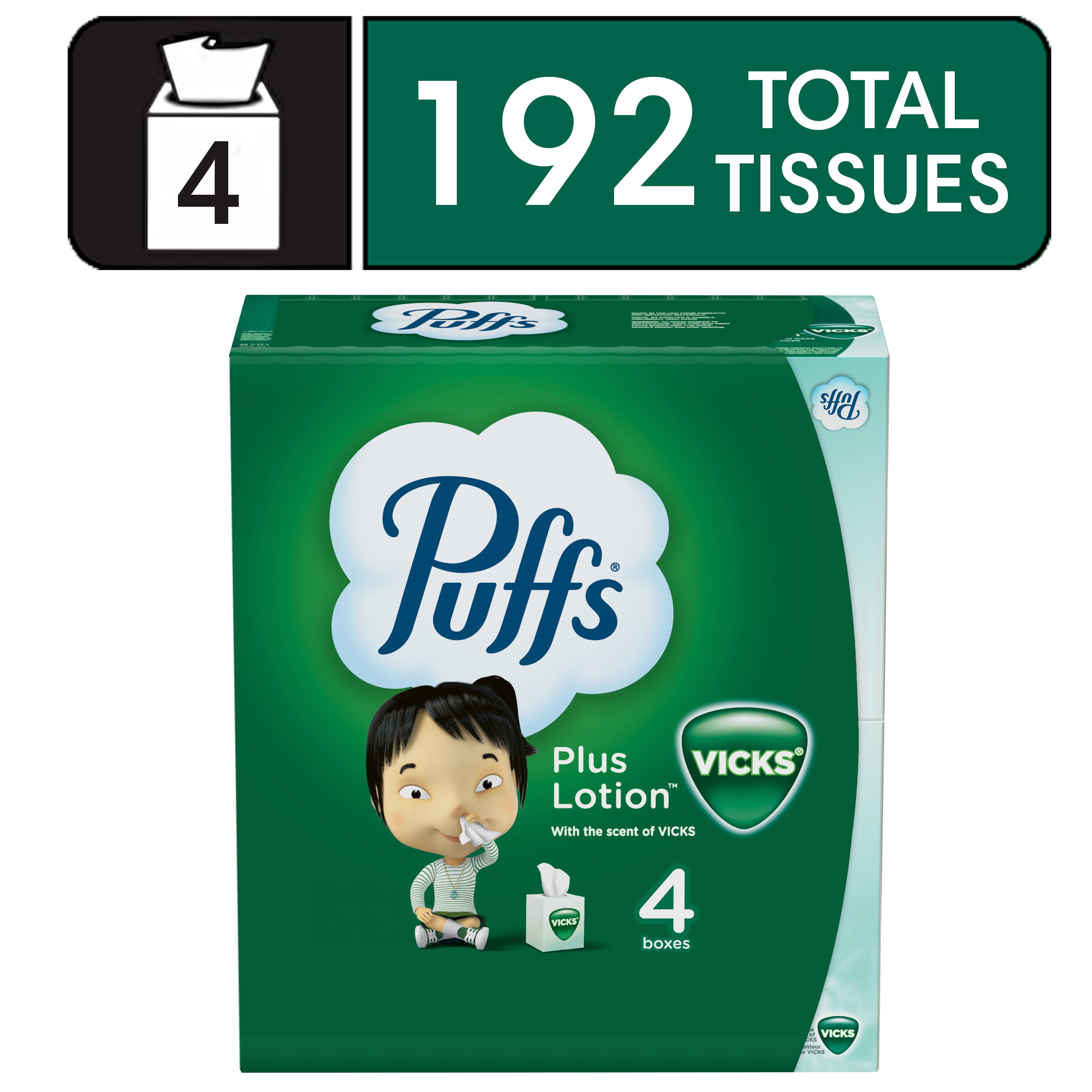 Puffs Plus Lotion with the Scent of Vicks Facial Tissue, White, 4 Cubes, 48 Facial Tissues per Box