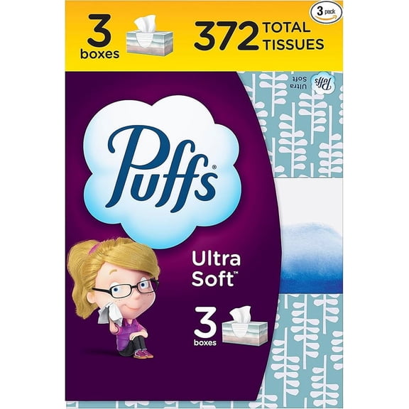 Puffs Ultra Soft Facial Tissues, 3 Family Size Boxes, 124 Facial Tissues Per Box