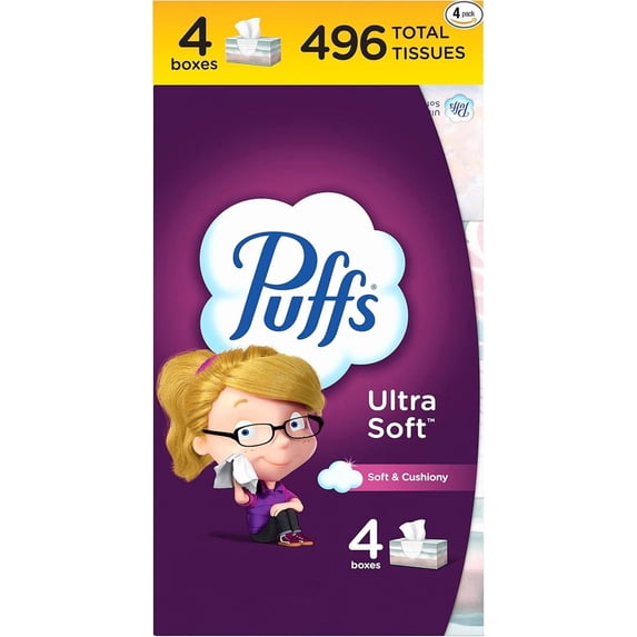 Puffs Ultra Soft Facial Tissues, 4 Family Size Boxes, 124 Facial Tissues per Box, Allergies and Colds (New Pack)