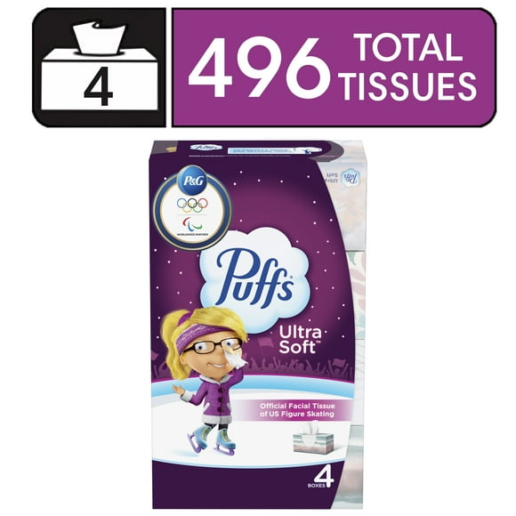 Puffs Ultra Soft Facial Tissues, 4 Family Size Boxes, 124 Facial Tissues per Box