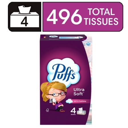 Puffs Ultra Soft Facial Tissues, 4 Family Size Boxes, 124 Facial Tissues per Box