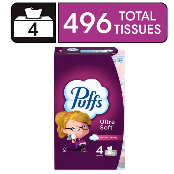 Puffs Ultra Soft Facial Tissues, 4 Family Size Boxes, 124 Facial Tissues per Box