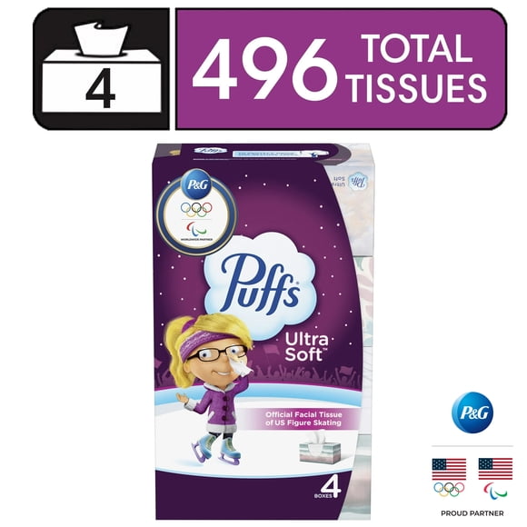 Puffs Ultra Soft Facial Tissues, 4 Family Size Boxes, 124 Facial Tissues per Box