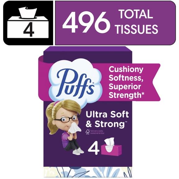 Puffs Ultra Soft Facial Tissues, 4 Family Size Boxes, 124 Facial Tissues per Box
