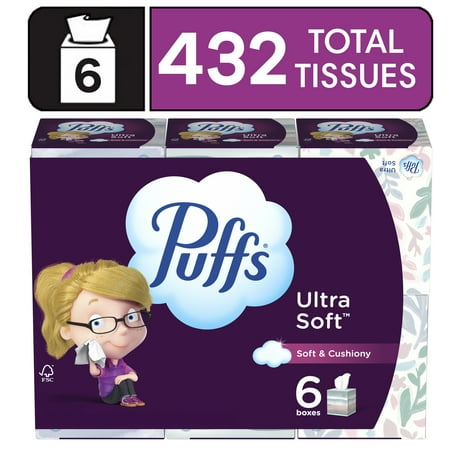 Puffs Ultra Soft Facial Tissues, 6 Cube Boxes, 72 Facial Tissues Per Box