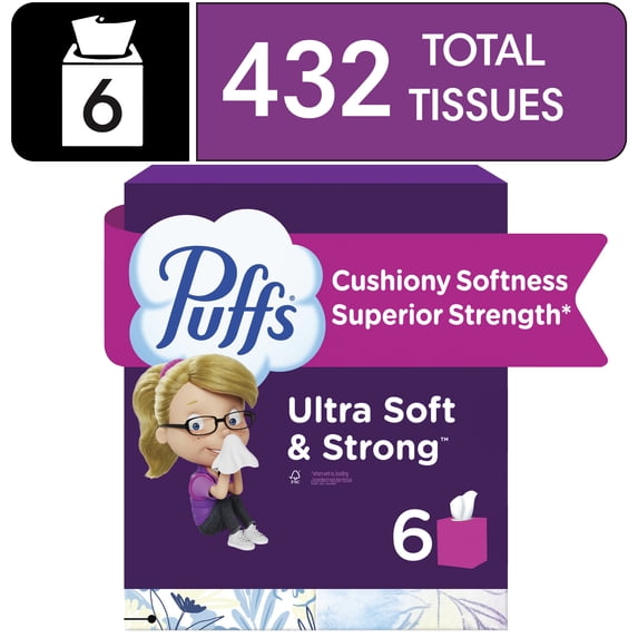 Puffs Ultra Soft Facial Tissues, 6 Cube Boxes, 72 Facial Tissues Per Box