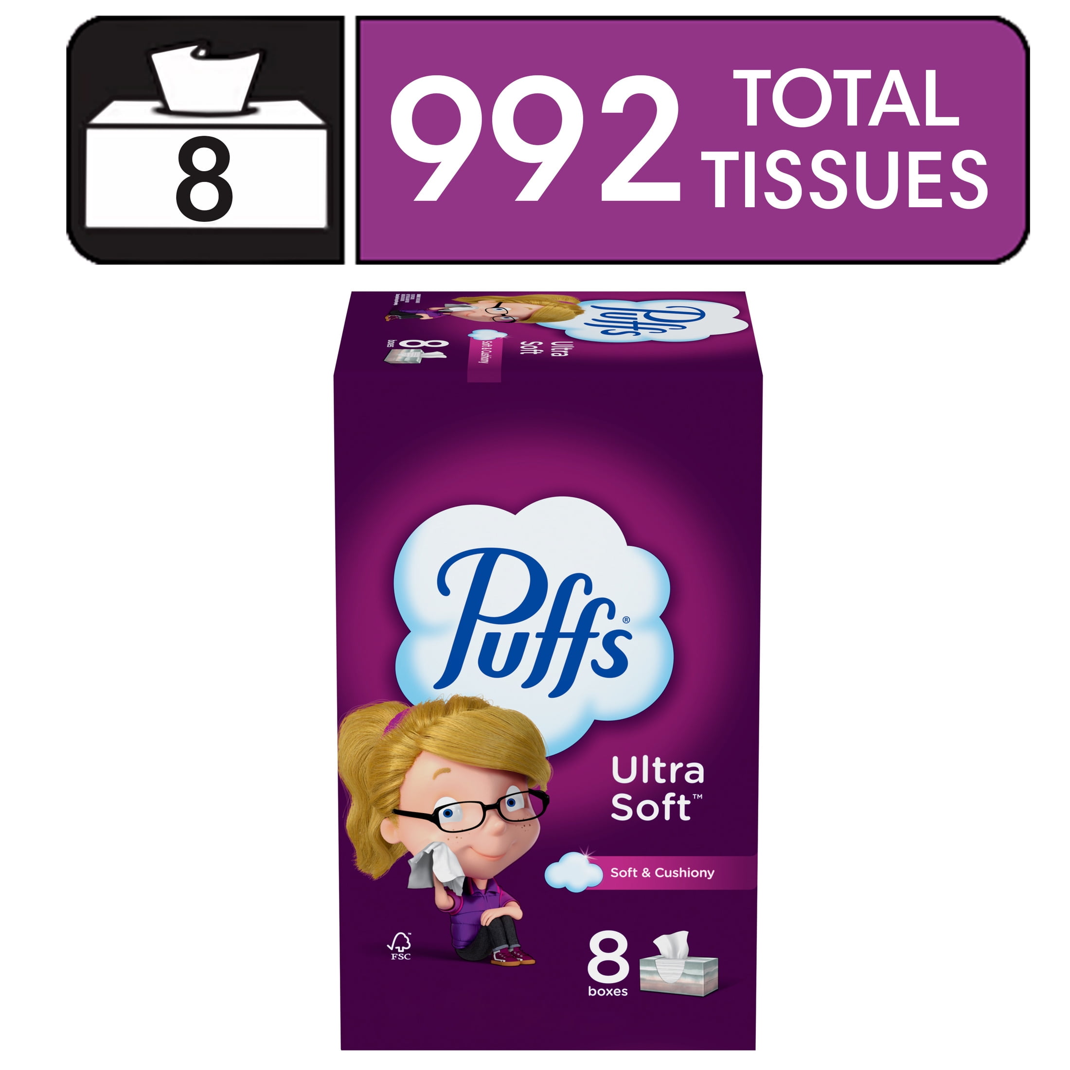 Puffs Ultra Soft Facial Tissues, 8 Family Size Box, 124 Facial Tissues per Box