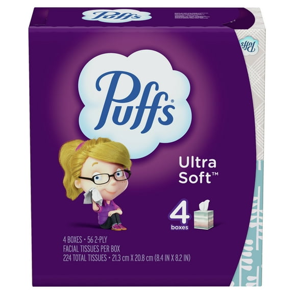 Puffs Ultra Soft Facial Tissues, Cube, 56 Facial Tissues Per Box, 4 Count