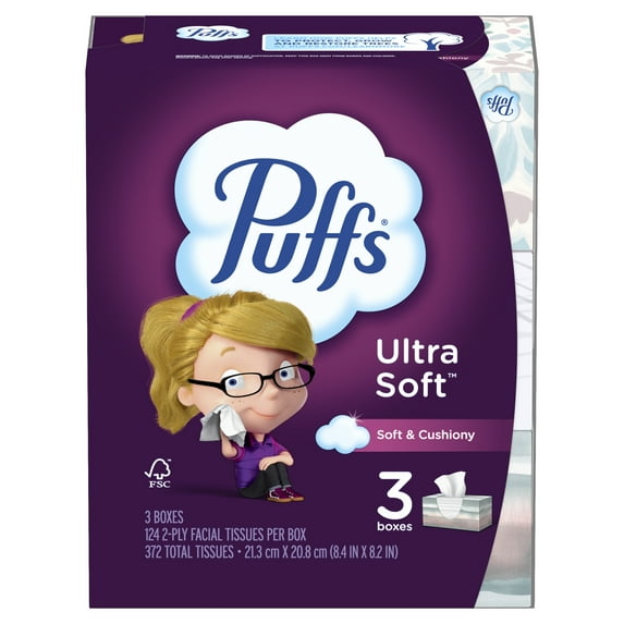 Puffs Ultra Soft Non-lotion Facial Tissues, 3 Family Boxes, 124 Tissues per Box