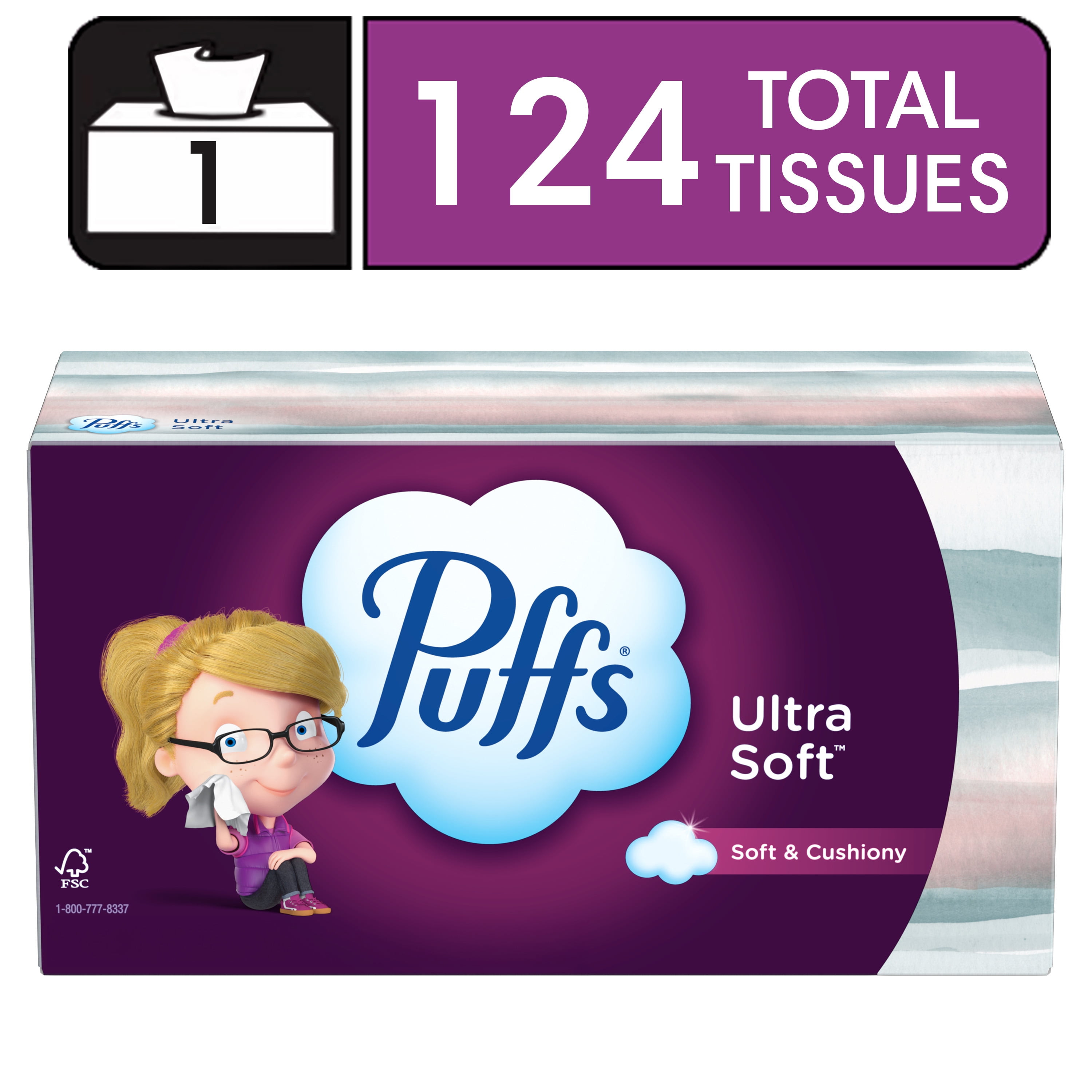 Puffs Ultra Soft Facial Tissues, Family Size Box, 124 Facial Tissues per Box, 1 Count