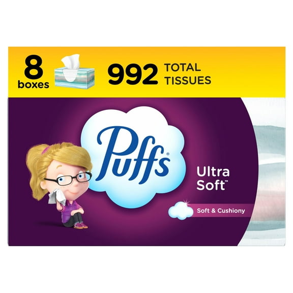 Puffs Ultra Soft Non-Lotion Facial Tissue, 8 Family Boxes, 124 Facial Tissues per Box C40