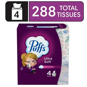 Puffs Ultra Soft Non-Lotion Facial Tissues, 4 Mega Cube Boxes, 72 Tissues per Box