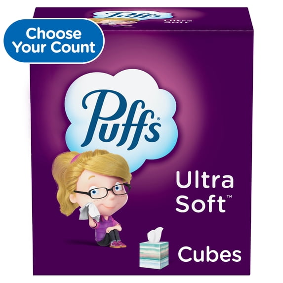 Puffs Ultra Soft Non-Lotion Facial Tissues, 4 Mega Cube Boxes, Purple, 72 Tissues per Box-Pack of 2