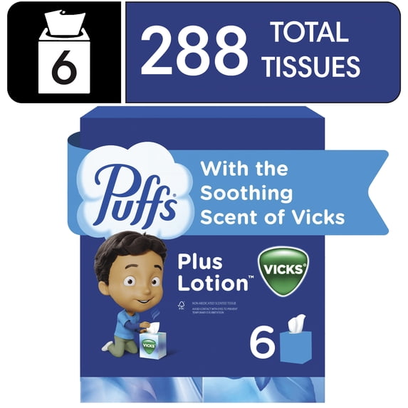 Puffs Plus Lotion Facial Tissue with the Scent of Vicks, 6 Cube Boxes, 48 Tissues Per Box