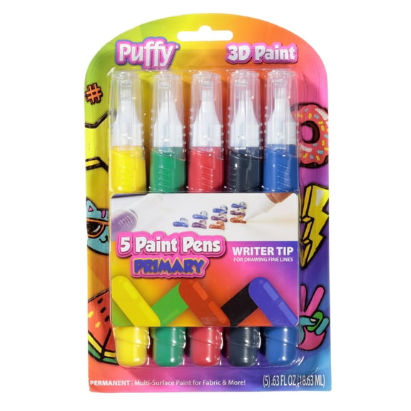 Puffy 3D Paint Pens 5 Pack Primary Colors, Dries Permanent, Multi-Surface
