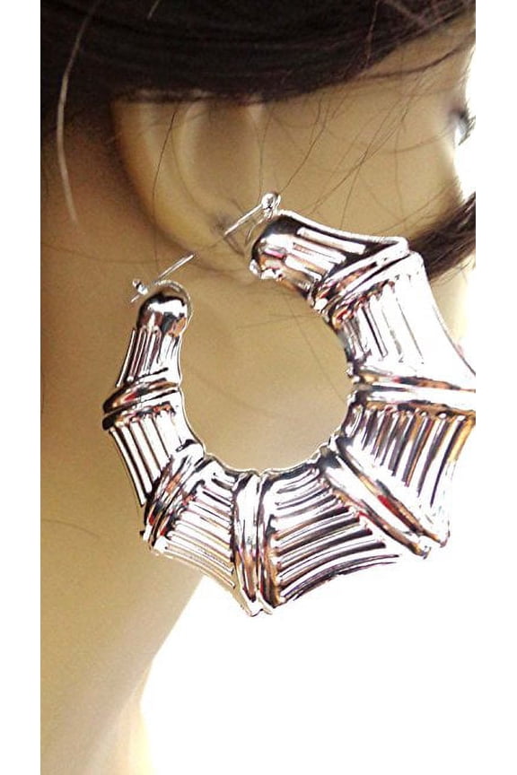 Puffy Bamboo Silver Tone Hoop Earrings