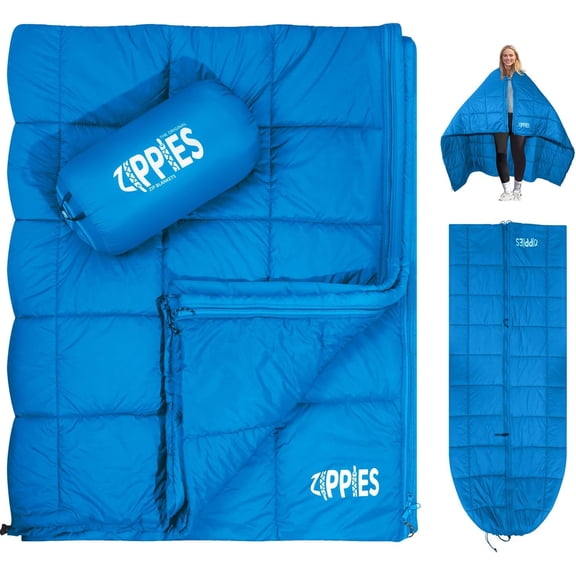 Puffy Camping Blanket for Cold Weather, Queen Size Warm Quilt with Zipper, Waterproof Outdoor Sleeping Bag for Hammock, Blue, 3M Thinsulate Insulated, Ripstop Nylon