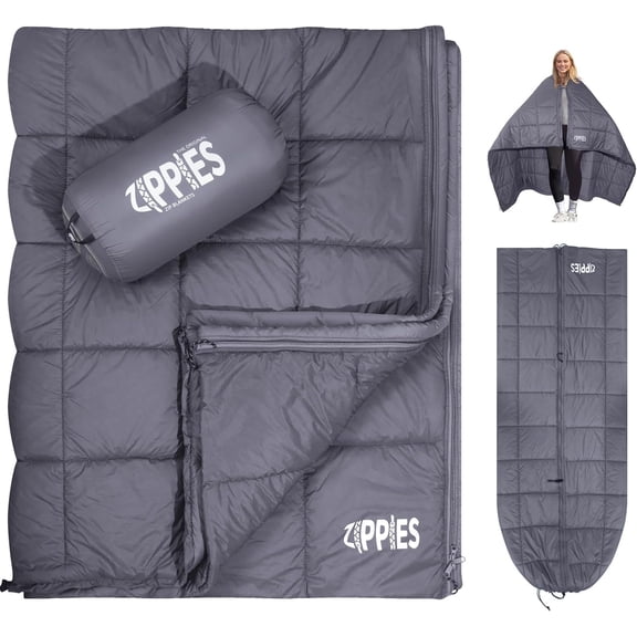 Puffy Camping Blanket for Cold Weather, Queen Size Warm Quilt with Zipper, Waterproof Outdoor Sleeping Bag for Hammock, Dark Grey Solid Ripstop Nylon with 3M Thinsulate Insulation