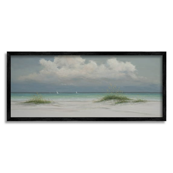 Puffy Clouds Beach Sailboats Coastal Painting Black Framed Art Print Wall Art