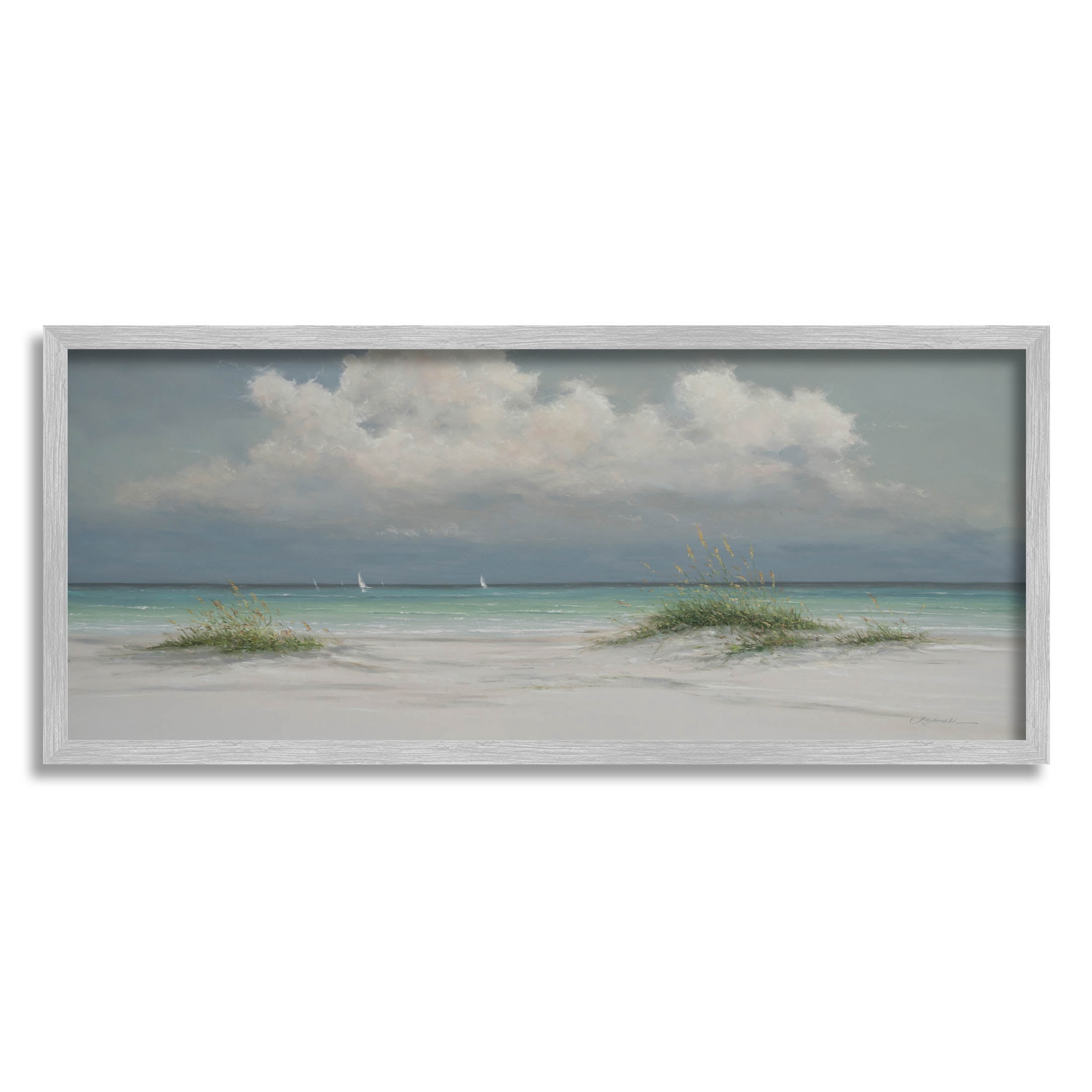 Puffy Clouds Beach Sailboats Coastal Painting Gray Framed Art Print Wall Art