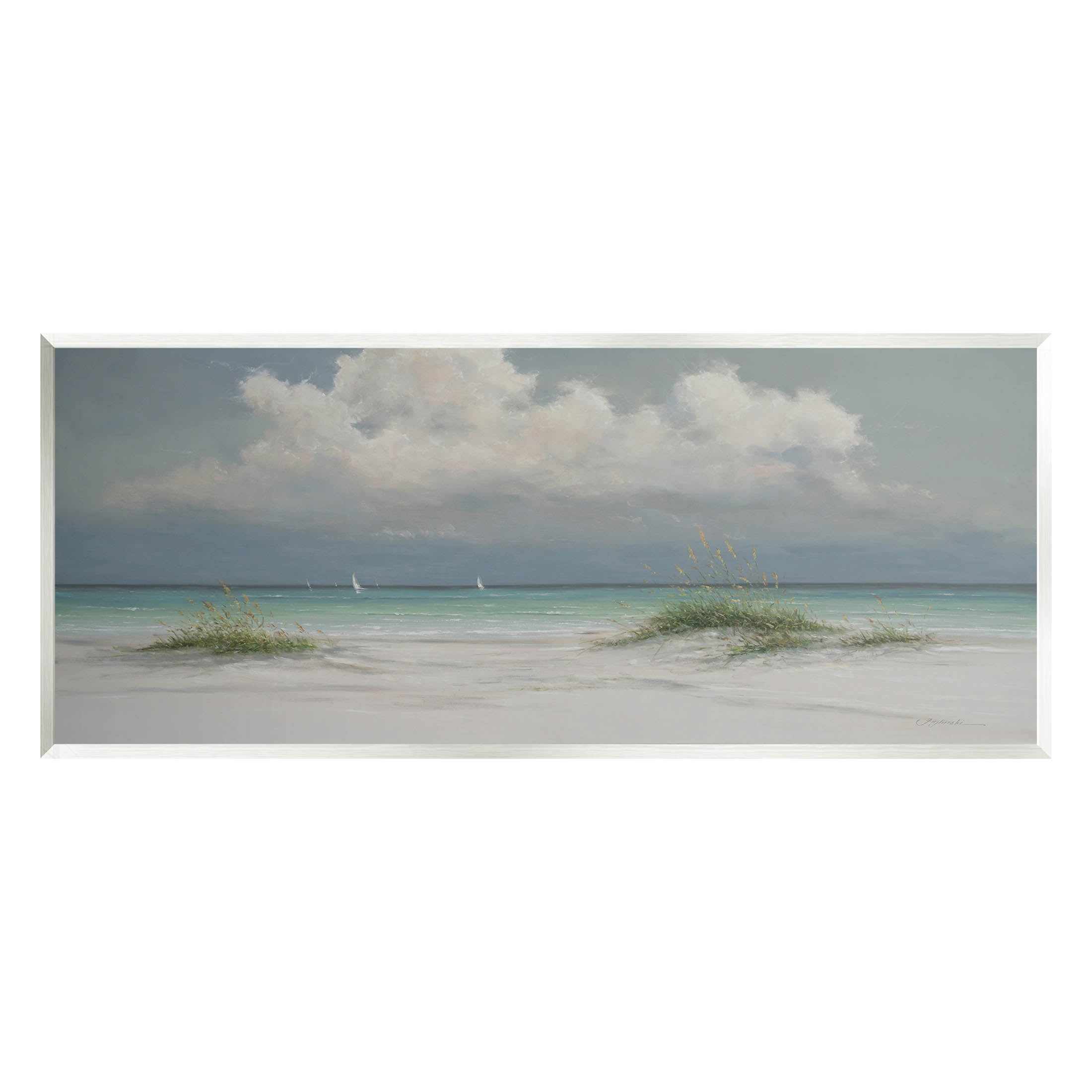 Puffy Clouds Beach Sailboats Coastal Painting Unframed Art Print Wall Art