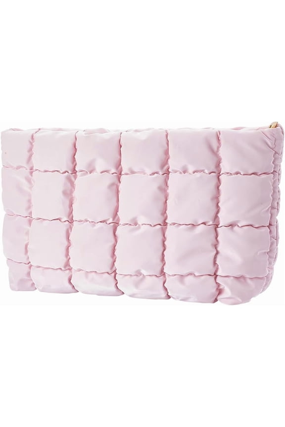 Puffy Cosmetic Bag Quilted Makeup Bag Leather Make Up Bag Zipper Toiletry Bag Makeup Pouch Purse Portable Travel Capacity Organizer Washable with Zipper for Women 10.4x5.9 Inch Pink for DIY