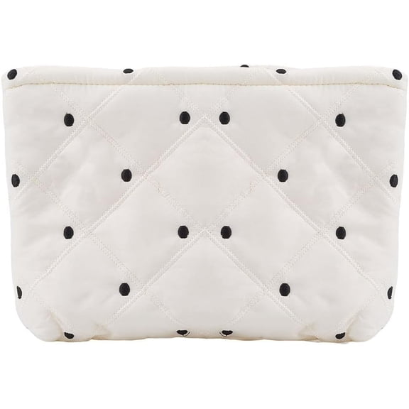 Puffy Cosmetic Bag Quilted Makeup Bag Make Up Bag Zipper Toiletry Bag Makeup Pouch Purse Embroidery Portable Travel Capacity Organizer Washable Holiday for Women Polka Dot 8.27x10.2 Inch White DIY