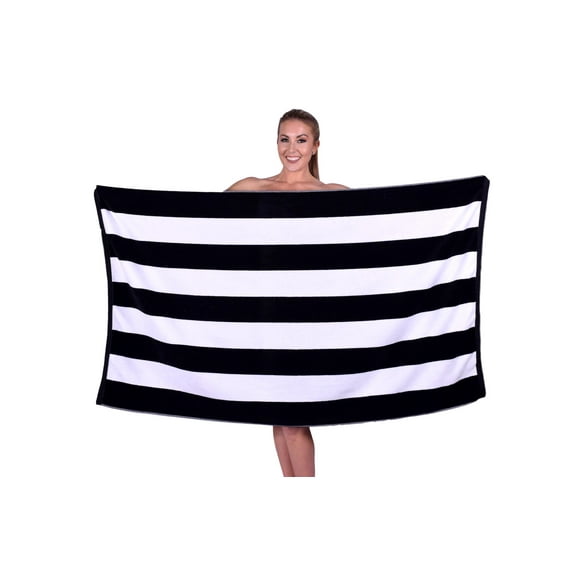 Puffy Cotton Luxury Cabana Striped Velour Beach Towel - Black