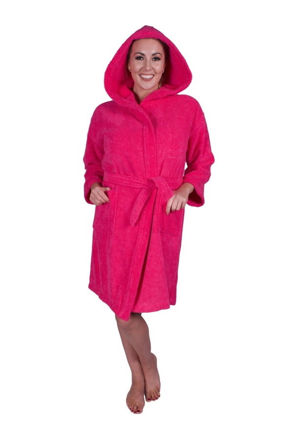 Teen / Petite Unisex Hoodie Bathrobe 100% Natural Soft Cotton - Hot Pink
