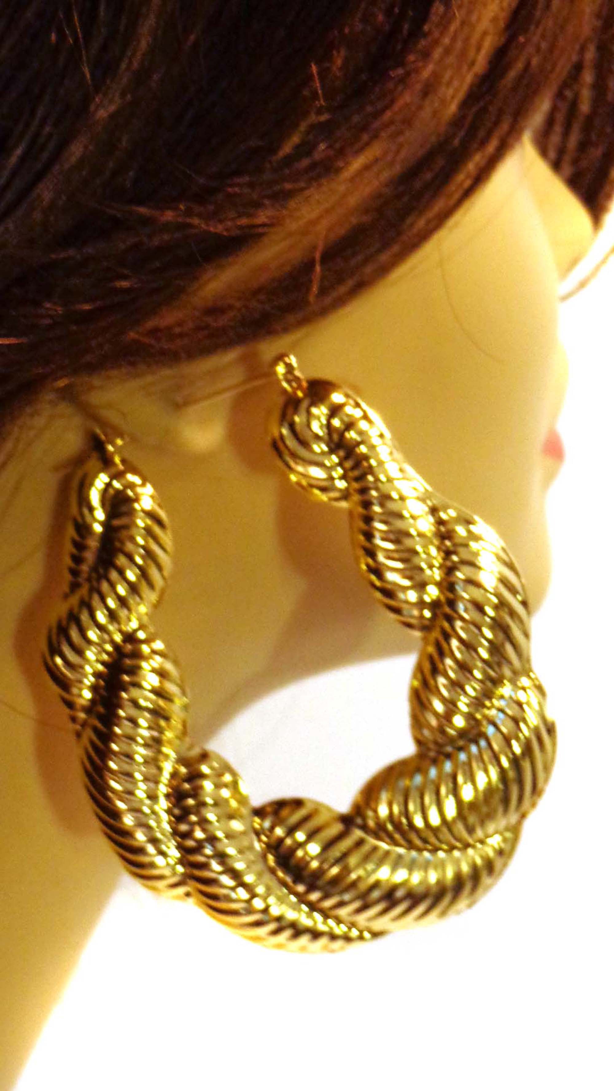 Puffy Gold Tone Rope Twisted Bamboo Hoop Earrings 3 inch Hoops ...
