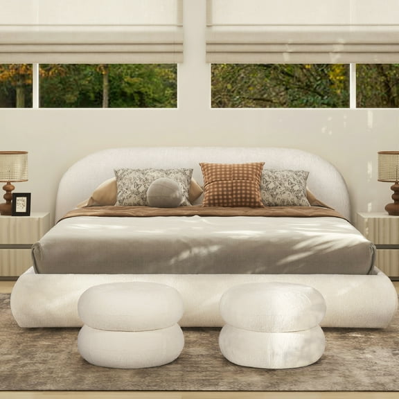 Puffy Grounded Upholstered King Bed In Almond White - Graceful Arch-shaped Headboard For Tranquility Mattress Support Modern Bedroom Decoration Piece Size Comfortable Arch Platform Slats Base
