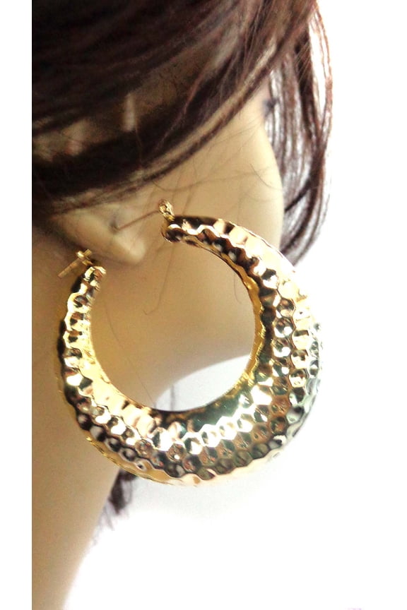 Puffy Hammered Hoop Earrings Gold Tone 3 inch