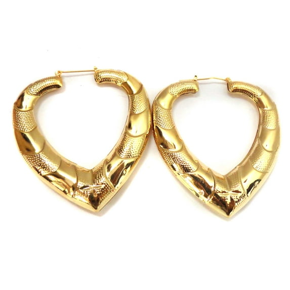 Puffy Heart Bamboo Gold Tone Hoop Earrings 3 inch