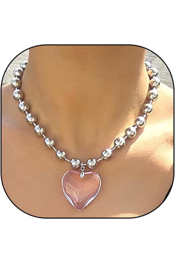 Puffy Heart Beads Pendant Necklace For Women Chunky Transparent Glass Love Beaded Clavicle Chain Y2K Aesthetic Choker Charm Jewelry Gift Accessories[Z3399]